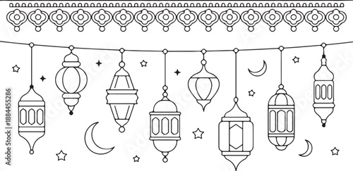 ramadan lanterns crescent moon and star hanging vector pattern