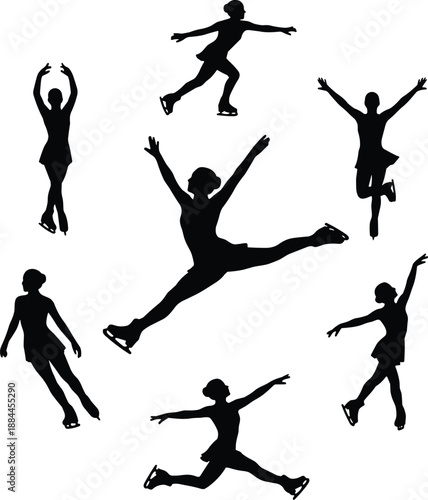 Figure skating silhouettes showing dynamic jumps spins and poses isolated on white background, elegant winter sports illustration set for design and branding