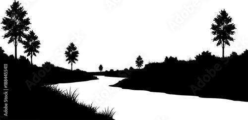 Winding river landscape with trees and vegetation silhouette vector