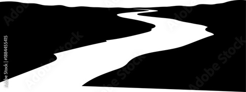 Winding river or stream flowing through a flat valley silhouette vector