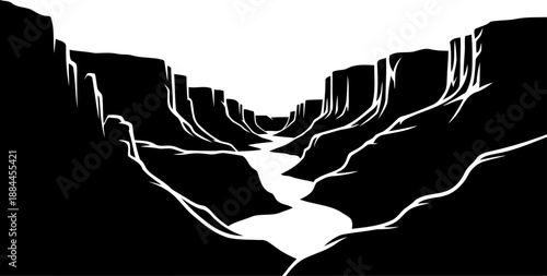 Winding river flowing through a deep rocky canyon silhouette vector