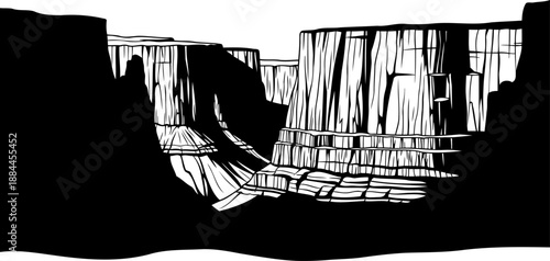 Canyon landscape with high rock walls and mesas silhouette vector