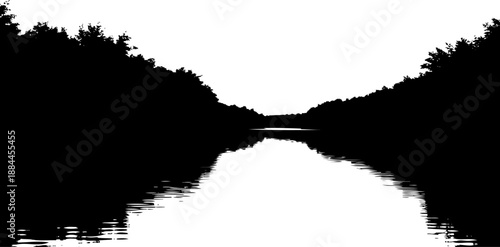 Calm river flowing between dense forest treelines silhouette vector