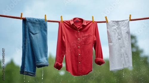 Vibrant Red Shirt, White Pants, and Blue Jeans Hanging for a Fresh and Bright Laundry Day in Nature