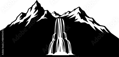 Cascading waterfall flowing from high jagged mountain peaks silhouette vector