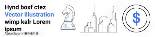 Business strategy, urban infrastructure, financial growth, planning, decision making, investments. Chess knight, city skyline and currency symbol displayed in a minimalist design. Business strategy