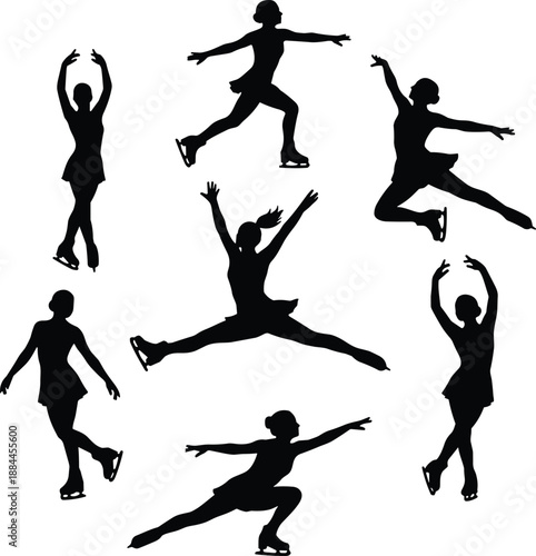 Figure skating silhouettes showing elegant jumps spins and poses isolated on white background, winter sports illustration set for training design posters and branding