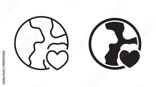 Two circular earth icons with hearts modern design on transparent background silhouette