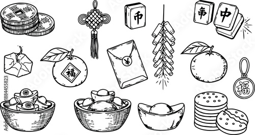 Line art vector close up of chinese new year symbols including red envelope gold ingots oranges firecrackers mahjong coins festive arrangement