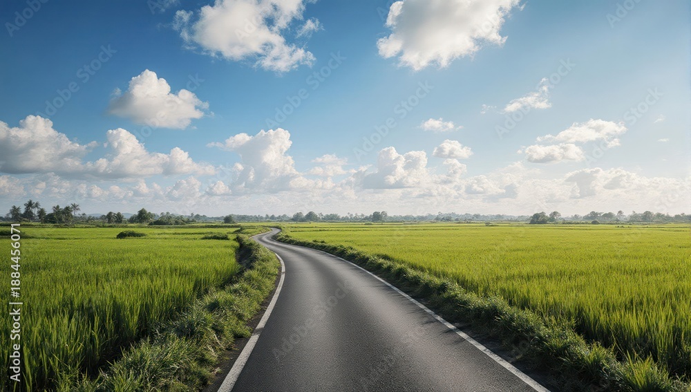 Fototapeta premium Winding road through verdant fields under a bright, cloudy sky