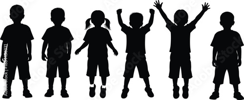 Children silhouettes standing and jumping in different poses, minimalist black vector illustration representing childhood diversity, growth stages, playfulness, joy, and human development concept