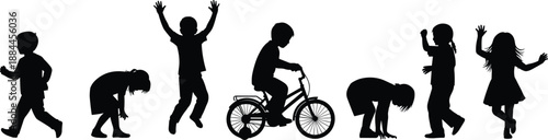 Children silhouettes showing playful activities including jumping, running, cycling, dancing, and bending, minimalist black vector illustration representing childhood movement, fun, and life