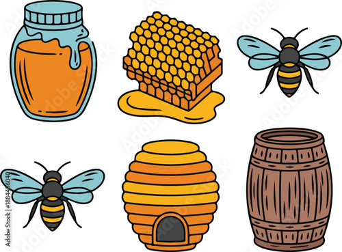 Vector colourful icons of organic honey products: jar of fresh liquid honey, honeycomb,