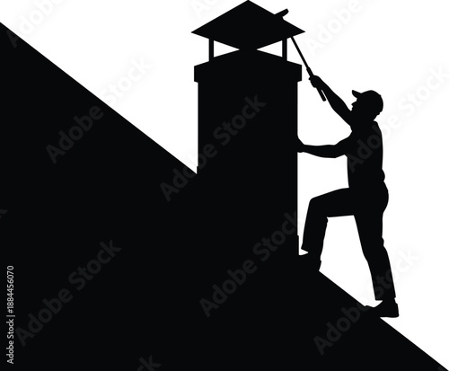 Chimney sweep cleaning rooftop chimney silhouette, black vector illustration symbolizing home maintenance, safety service, professional work, construction industry, and building care concept