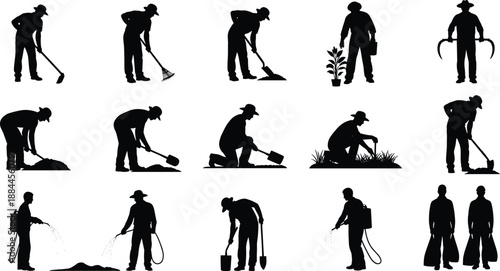 Gardener and farmer silhouette collection featuring digging raking planting watering and spraying activities, black vector agriculture and landscaping icons set for rural work, cultivation