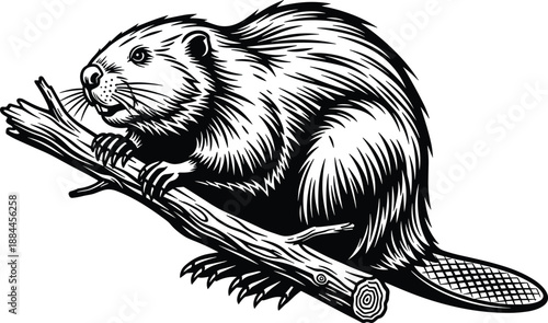 Detailed black and white beaver illustration sitting on branch showcasing textured fur and woodcut style isolated on white background