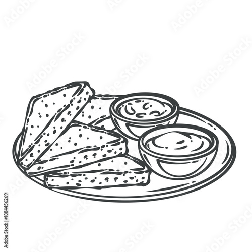 Toast triangles served on plate with dipping sauces, grilled bread breakfast side, classic cafe menu food. Retro hand drawn outline monochrome icon. Vector illustration.