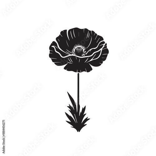 Minimalist poppy flower silhouette vector illustration with single stem and jagged leaf