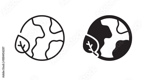 Two earth globes with leaf detail line art style on transparent background silhouette