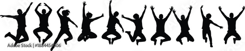 Group of people silhouettes jumping together in celebration, minimalist black vector illustration symbolizing success, freedom, teamwork, happiness, achievement, energy, and positive lifestyle concept