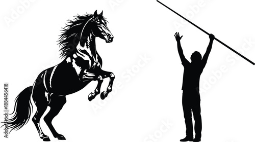 Horse rearing silhouette with trainer holding whip, dramatic black vector illustration symbolizing power, control, training, discipline, animal behavior, strength, and human interaction concept