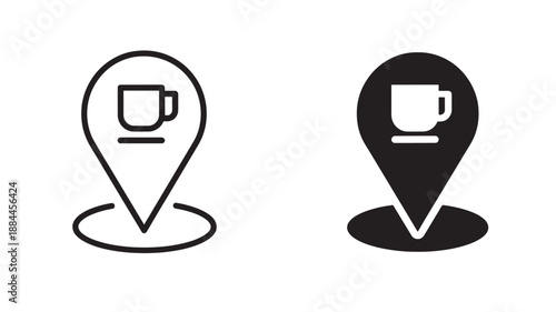 Coffee shop location icons map pin design with beverage on transparent background silhouette