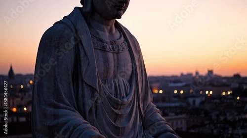 Contemplative statue of a robed man overlooking a sunset cityscape, photographed in close-up from a left-side viewpoint
