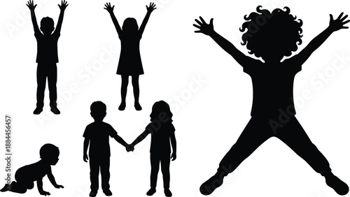 Happy children silhouettes showing kids jumping, raising hands, holding hands, and crawling baby, joyful family childhood activity, black vector illustration isolated on white background