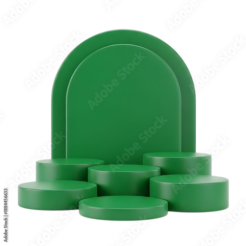 Abstract green stage six display podium with arch backdrop on transparent background