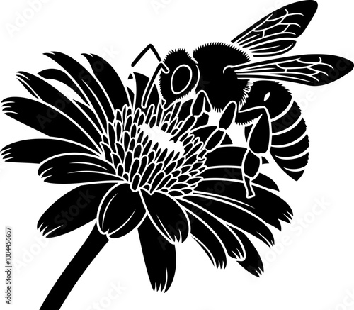 Bee on flower silhouette pollinating insect vector graphic