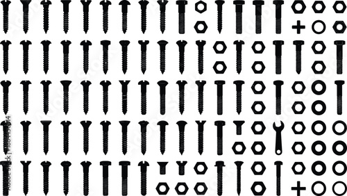 Industrial hardware silhouettes featuring screws bolts nuts washers arranged in organized grid isolated on white background, technical fastener illustration for construction engineering 