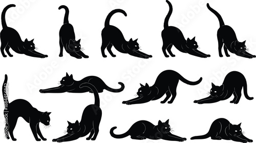 Set of stretching and playing black cat silhouettes in various poses, minimalist vector illustration ideal for pet themes, yoga concepts, patterns, and modern designs