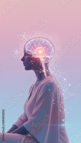 Woman with glowing neural network brain and creative virus, visualizing brain health, healthcare technology
