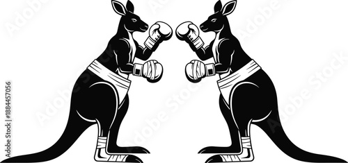Two boxing kangaroo silhouettes in fighting stance, mirrored animal sport vector illustration symbolizing strength, rivalry, competition, and dynamic combat action design