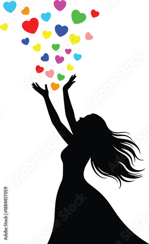  Woman silhouette releasing colorful heart shapes upward, creative vector illustration symbolizing love, freedom, happiness, emotions, positivity, romance, inspiration, and joyful self expression conc