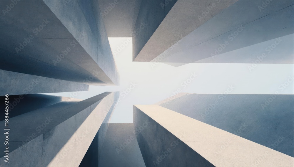 Fototapeta premium Upward perspective through concrete structures, reaching for bright sky