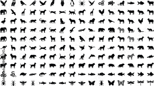 Large animal silhouette collection featuring mammals birds insects reptiles and fish icons isolated on white background for wildlife design education branding projects and marketing