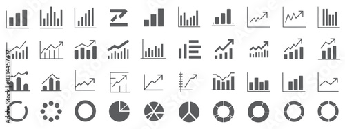 Business chart and graph vector icon collection including growing bar 60 icons, statistics symbols, analytics diagrams, up and down arrows, data visualization, and financial performance graphics.