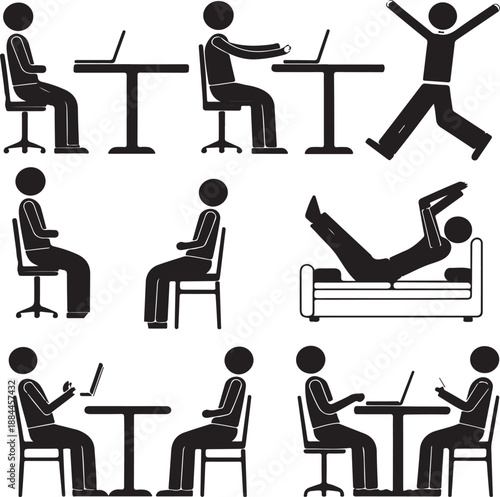 A collection of simplistic black stick figures depict various human postures including sitting working relaxing and reclining positions showcased in a grid layout
