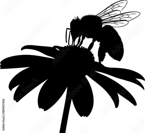 Honeybee silhouette pollinating flower side view vector graphic
