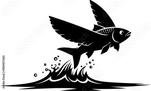 Jumping flying fish silhouette side view marine vector illustration