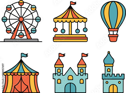 Amusement Park Icons  Ferris Wheel, Carousel, Castle, and More