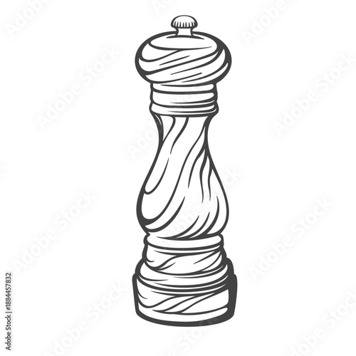 Pepper mill with carved body, classic kitchen spice grinder, seasoning tool in vintage engraved outline style, monochrome isolated object. Vector illustration