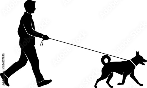 Man walking dog on leash silhouette side view pet owner vector illustration