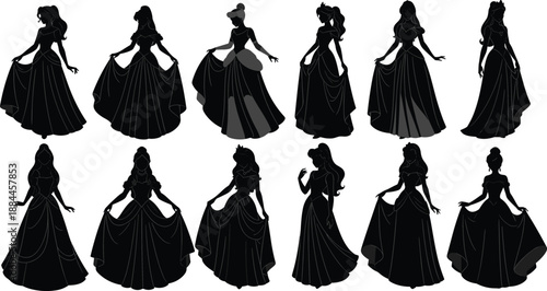 Black princess silhouettes in elegant gowns, posing gracefully, vector illustration for fairy tale and fantasy design.