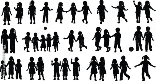 Children silhouettes playing, holding hands, running, jumping, waving, standing in groups, active kids in motion