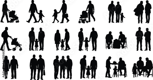Silhouette family figures walking, holding hands, pushing strollers, sitting together, diverse parent-child interactions
