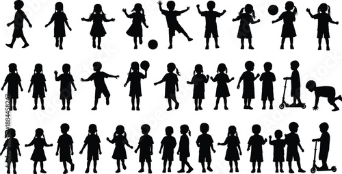 Silhouette vector set of children playing, running, jumping, and interacting with toys like scooters and balls, isolated on white.