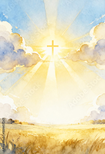 Glorious vision of a cross floating in the sky amidst opening clouds and pouring holy golden sunlight symbolizing heaven's gate