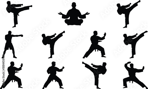 Martial arts karate fighter silhouettes showing kicks, punches, stances, and meditation poses, black vector illustration of combat training actions isolated on white background
